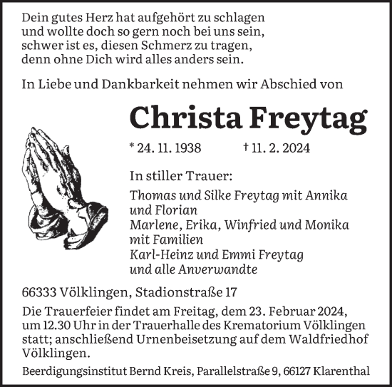 Todesanzeige von Christa Freytag von saarbruecker_zeitung