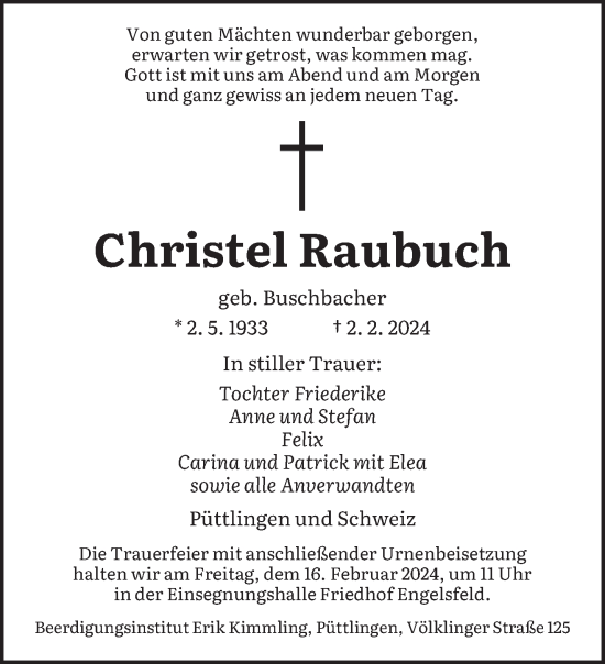 Todesanzeige von Christel Raubuch von saarbruecker_zeitung