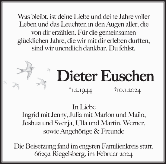 Todesanzeige von Dieter Euschen von saarbruecker_zeitung