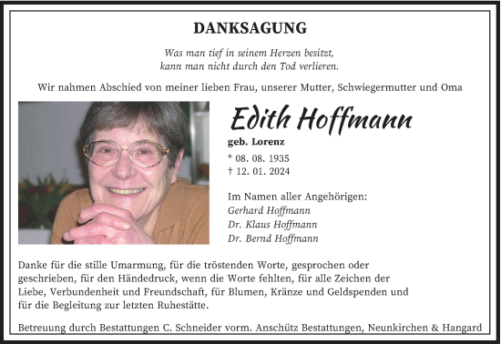 Todesanzeige von Edith Hoffmann von saarbruecker_zeitung