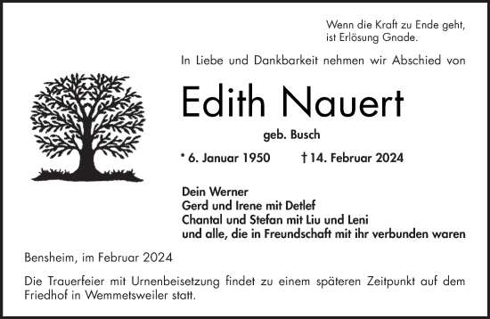 Todesanzeige von Edith Nauert von saarbruecker_zeitung