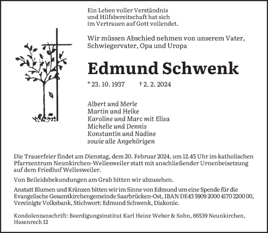 Todesanzeige von Edmund Schwenk von saarbruecker_zeitung