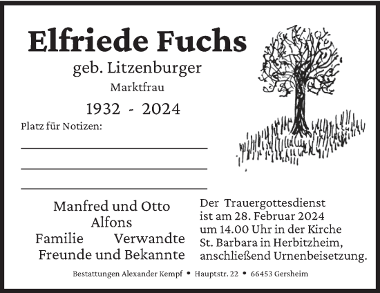 Todesanzeige von Elfriede Fuchs von saarbruecker_zeitung