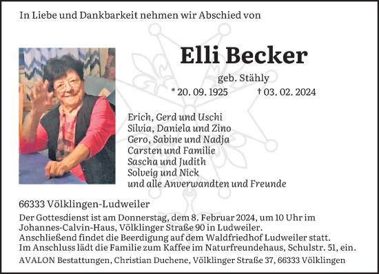 Todesanzeige von Elli Becker von saarbruecker_zeitung