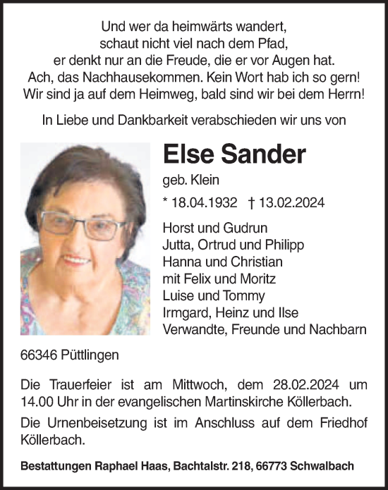 Todesanzeige von Else Sander von saarbruecker_zeitung