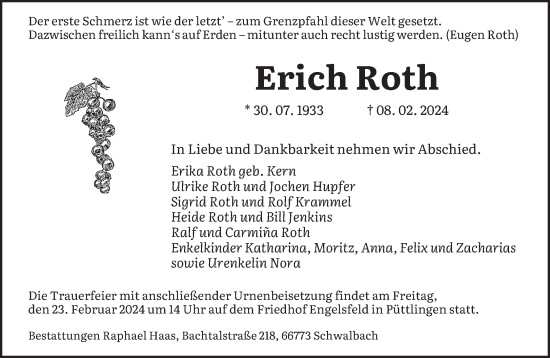 Todesanzeige von Erich Roth von saarbruecker_zeitung