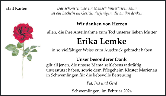 Todesanzeige von Erika Lemke von saarbruecker_zeitung