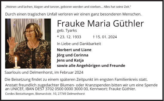 Todesanzeige von Frauke Maria Güthler von saarbruecker_zeitung