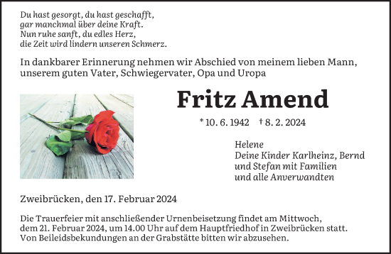 Todesanzeige von Fritz Amend von saarbruecker_zeitung