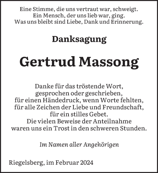 Todesanzeige von Gertrud Massong von saarbruecker_zeitung