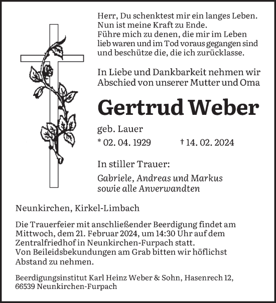 Todesanzeige von Gertrud Weber von saarbruecker_zeitung