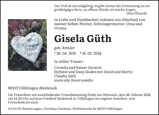 Todesanzeige von Gisela Güth von saarbruecker_zeitung