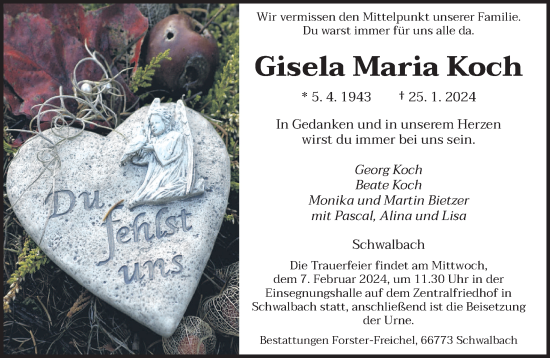Todesanzeige von Gisela Maria Koch von saarbruecker_zeitung