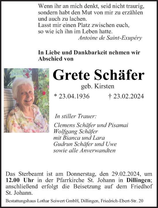Todesanzeige von Grete Schäfer von saarbruecker_zeitung