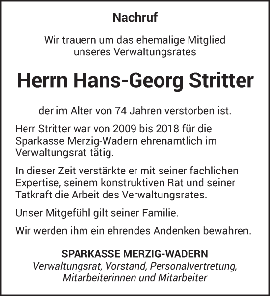 Todesanzeige von Hans-Georg Stritter von saarbruecker_zeitung