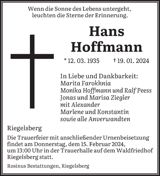 Todesanzeige von Hans Hoffmann von saarbruecker_zeitung