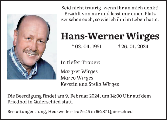 Todesanzeige von Hans-Werner Wirges von saarbruecker_zeitung