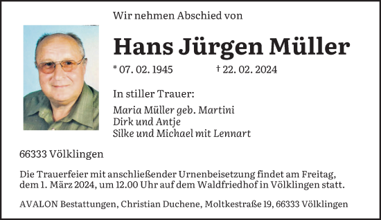 Todesanzeige von Hans Jürgen Müller von saarbruecker_zeitung