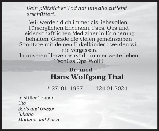 Todesanzeige von Hans Wolfgang Thal von saarbruecker_zeitung