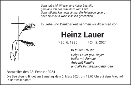 Todesanzeige von Heinz Lauer von saarbruecker_zeitung