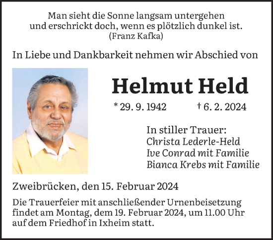 Todesanzeige von Helmut Held von saarbruecker_zeitung
