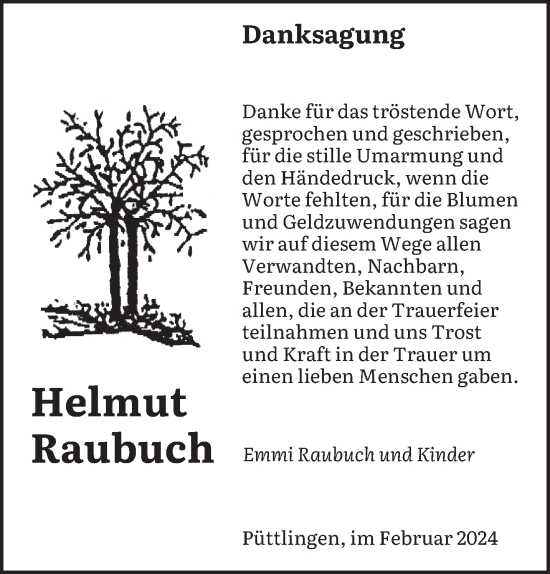 Todesanzeige von Helmut Raubuch von saarbruecker_zeitung