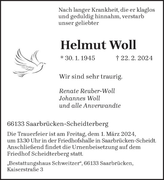 Todesanzeige von Helmut Woll von saarbruecker_zeitung