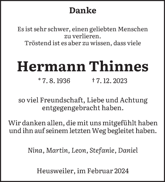 Todesanzeige von Hermann Thinnes von saarbruecker_zeitung