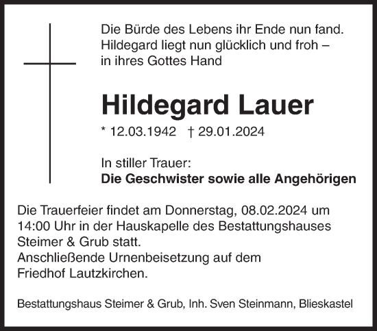 Todesanzeige von Hildegard Lauer von saarbruecker_zeitung