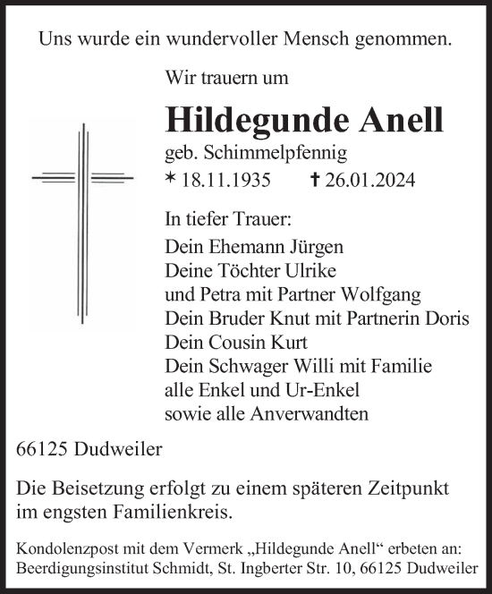 Todesanzeige von Hildegunde Anell von saarbruecker_zeitung