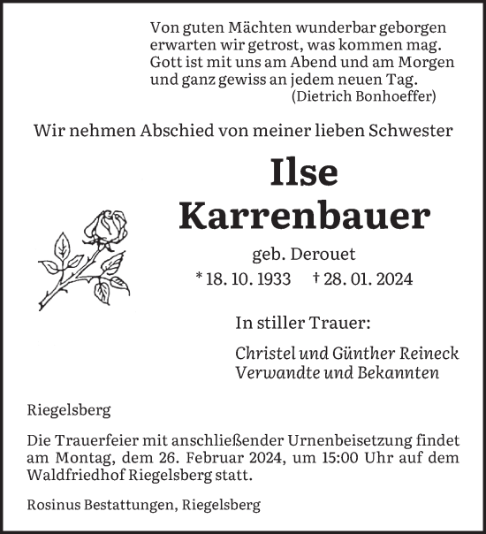 Todesanzeige von Ilse Karrenbauer von saarbruecker_zeitung
