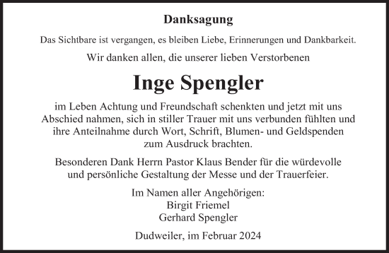 Todesanzeige von Inge Spengler von saarbruecker_zeitung