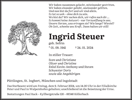 Todesanzeige von Ingrid Steuer von saarbruecker_zeitung