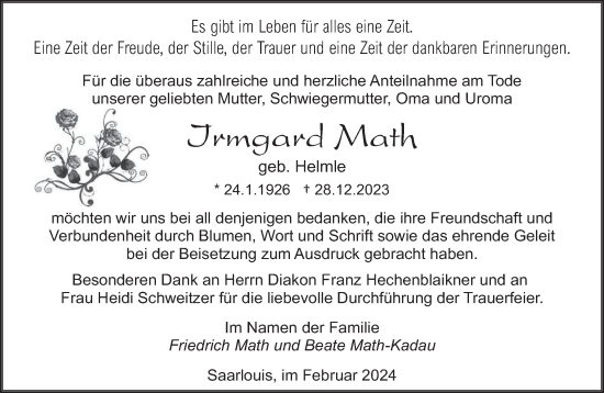 Todesanzeige von Irmgard Math von saarbruecker_zeitung