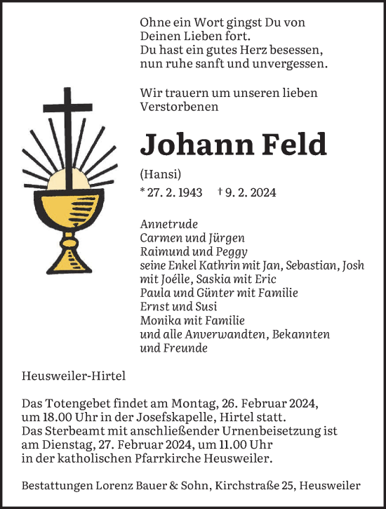 Todesanzeige von Johann Feld von saarbruecker_zeitung