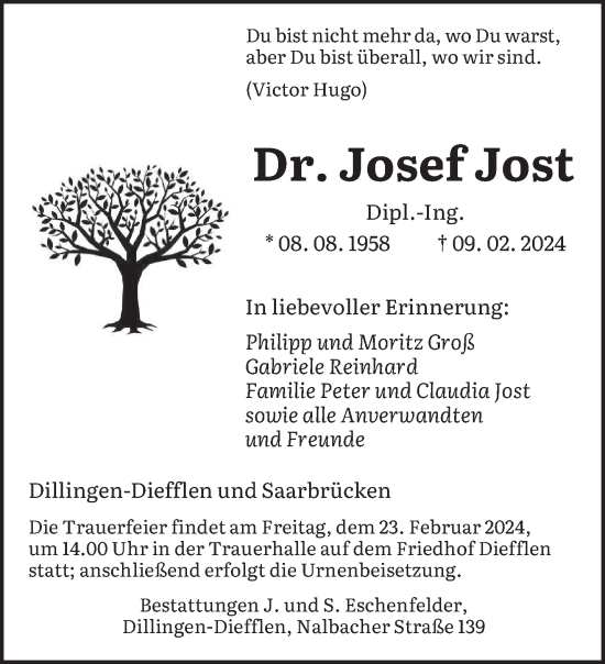 Todesanzeige von Josef Jost von saarbruecker_zeitung