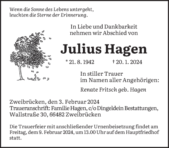 Todesanzeige von Julius Hagen von saarbruecker_zeitung