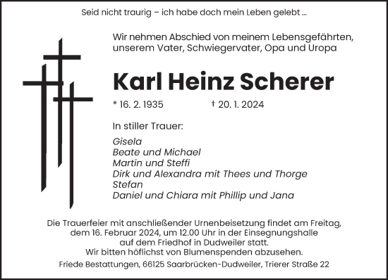 Todesanzeige von Karl Heinz Scherer von saarbruecker_zeitung