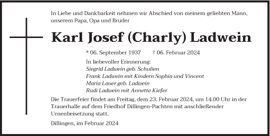 Todesanzeige von Karl Josef Charly Ladwein von saarbruecker_zeitung