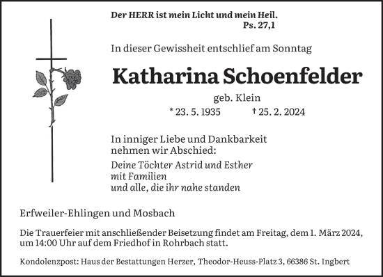 Todesanzeige von Katharina Schoenfelder von saarbruecker_zeitung