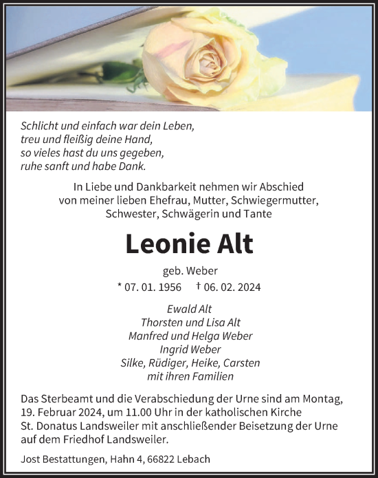 Todesanzeige von Leonie Alt von saarbruecker_zeitung