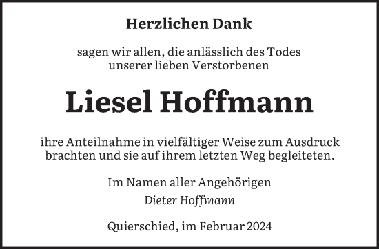 Todesanzeige von Liesel Hoffmann von saarbruecker_zeitung