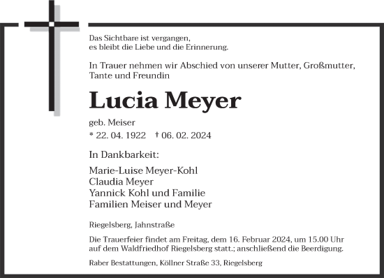 Todesanzeige von Lucia Meyer von saarbruecker_zeitung