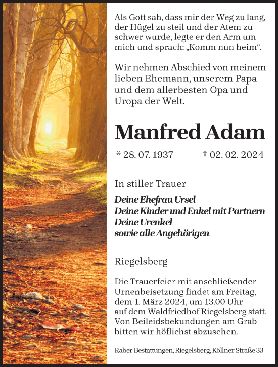 Todesanzeige von Manfred Adam von saarbruecker_zeitung