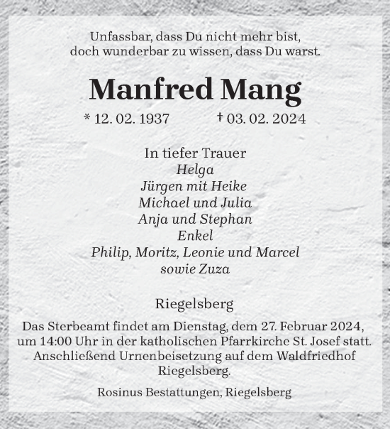 Todesanzeige von Manfred Mang von saarbruecker_zeitung