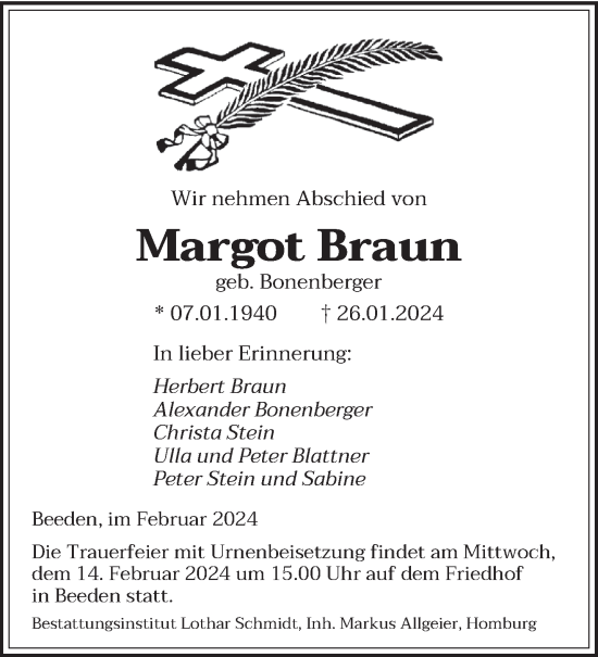Todesanzeige von Margot Braun von saarbruecker_zeitung