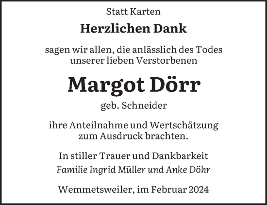 Todesanzeige von Margot Dörr von saarbruecker_zeitung