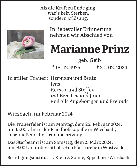 Todesanzeige von Marianne Prinz von saarbruecker_zeitung
