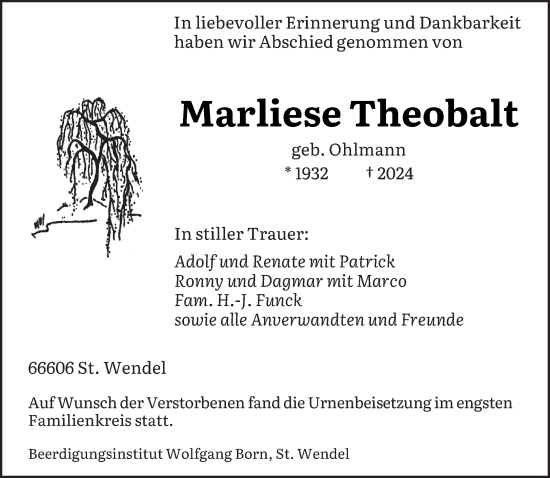 Todesanzeige von Marliese Theobalt von saarbruecker_zeitung