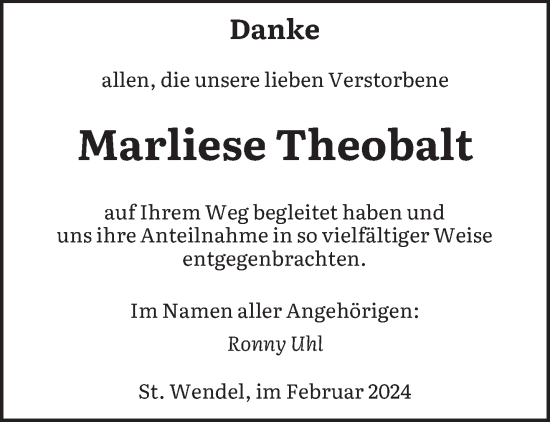 Todesanzeige von Marliese Theobalt von saarbruecker_zeitung